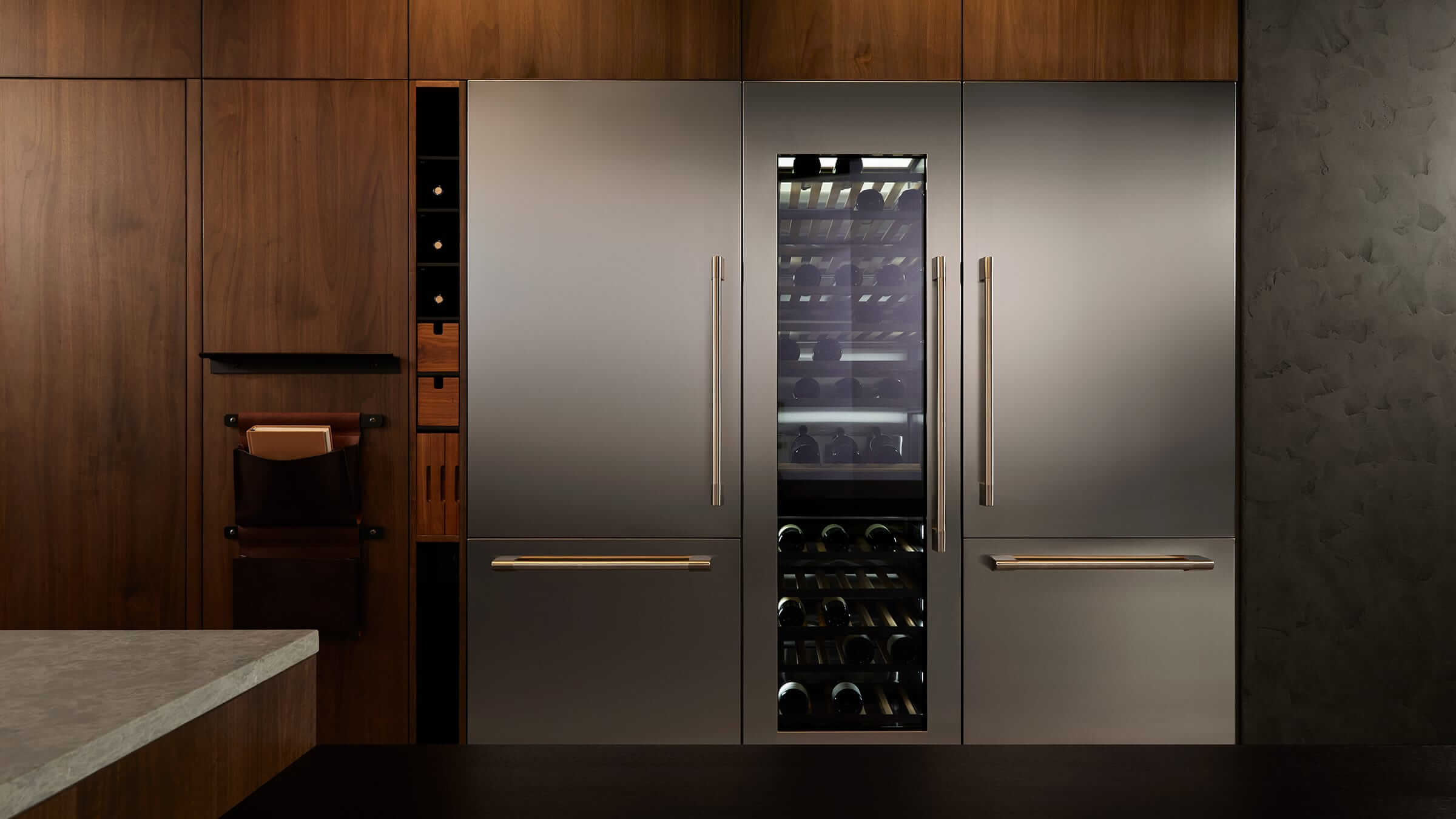 Contemporary kitchen with dual stainless steel bottom freezer refrigerators
