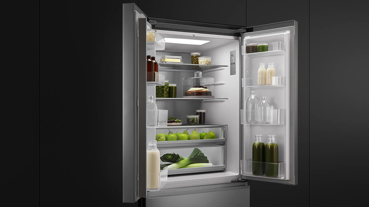 Organization within a French Door refrigerator showing wide shelving and clear visibility