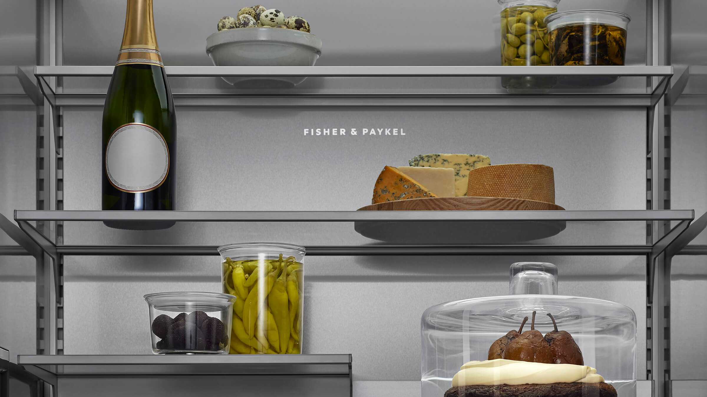 A close-up of the flexible shelving system, demonstrating easy storage adjustment